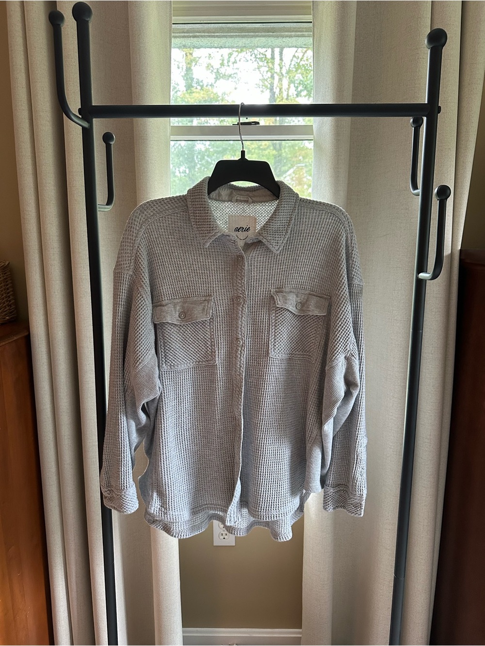 aerie Light Gray Waffle Knit Button-Up Cardigan